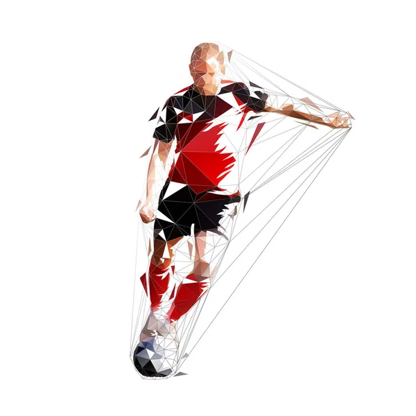 Joueur de football donnant un coup de pied au ballon, vue de face dessin polygonal bas. Est — Image vectorielle