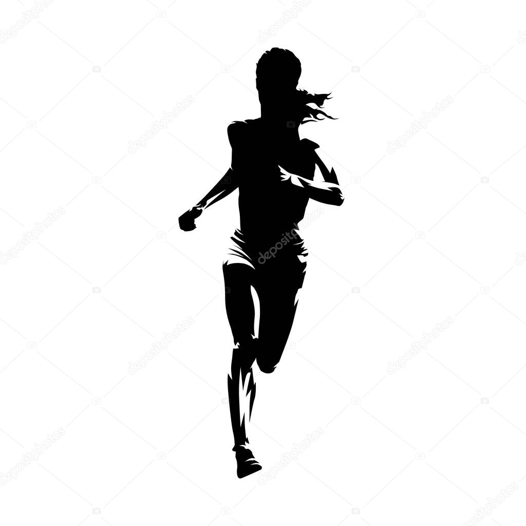 Running woman, isolated vector silhouette. Front view. Female runner