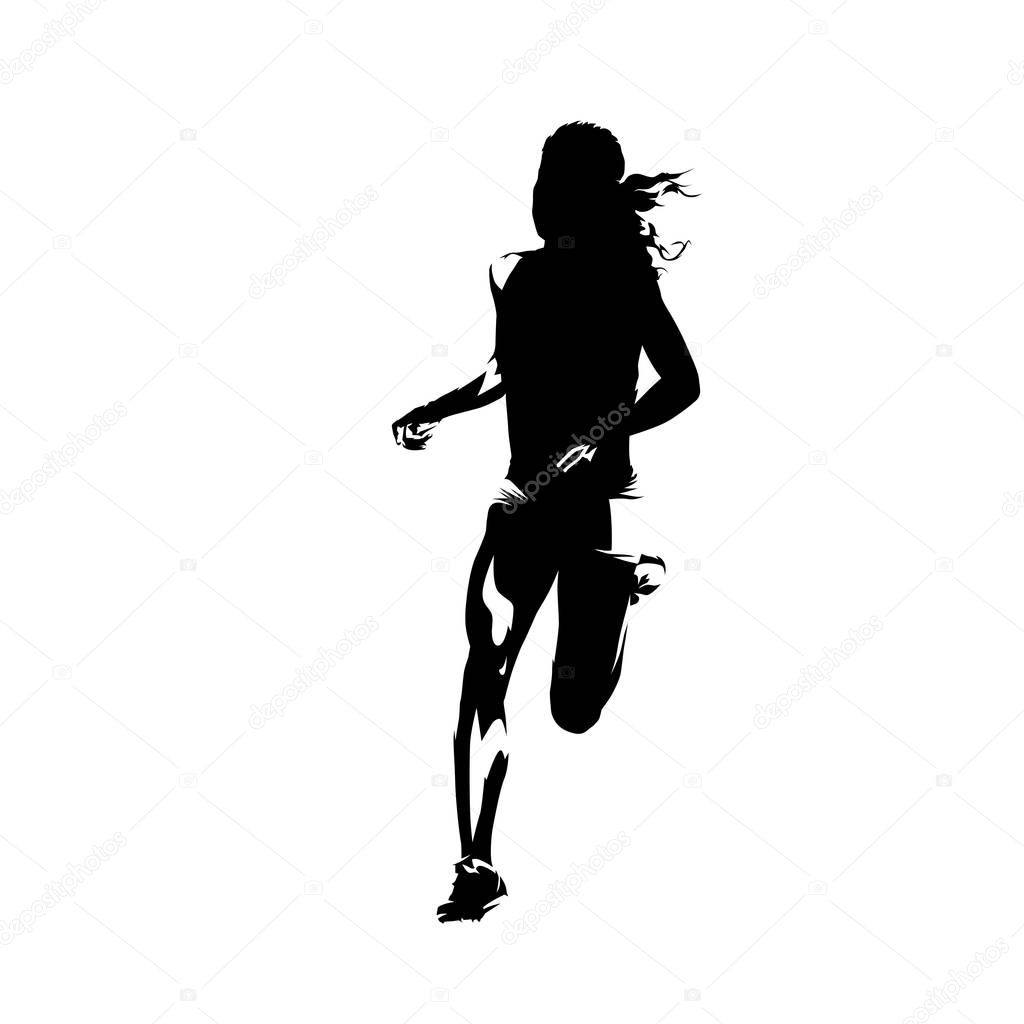 Running woman, isolated vector silhouette. Front view. Female runner