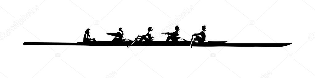 Rowing, team water sport. Isolated vector silhouette, ink drawin