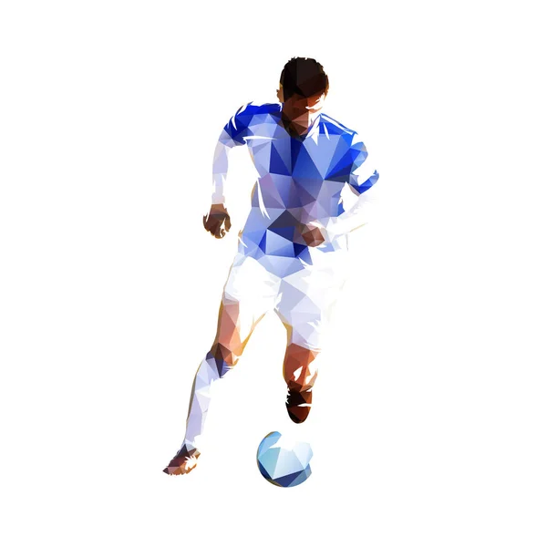 Piłkarz biegnie z piłką, niski poli izolowany wektor drawin — Wektor stockowy