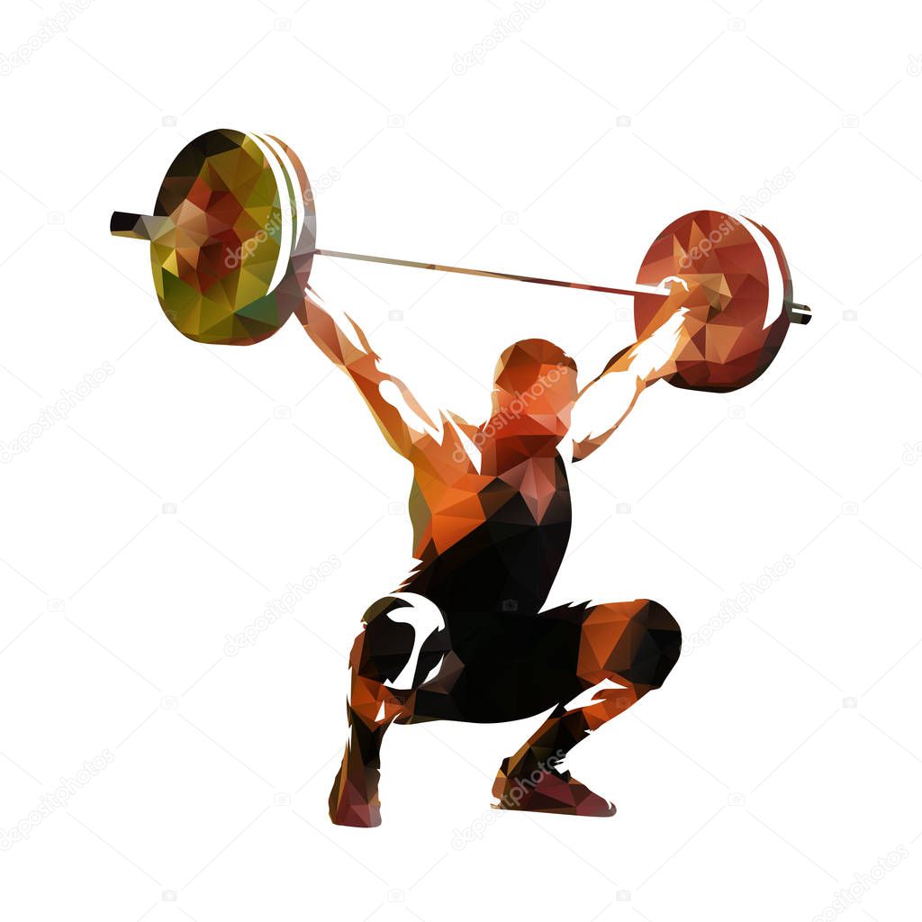 Weightlifter lifting big barbell, isolated low polygonal vector 