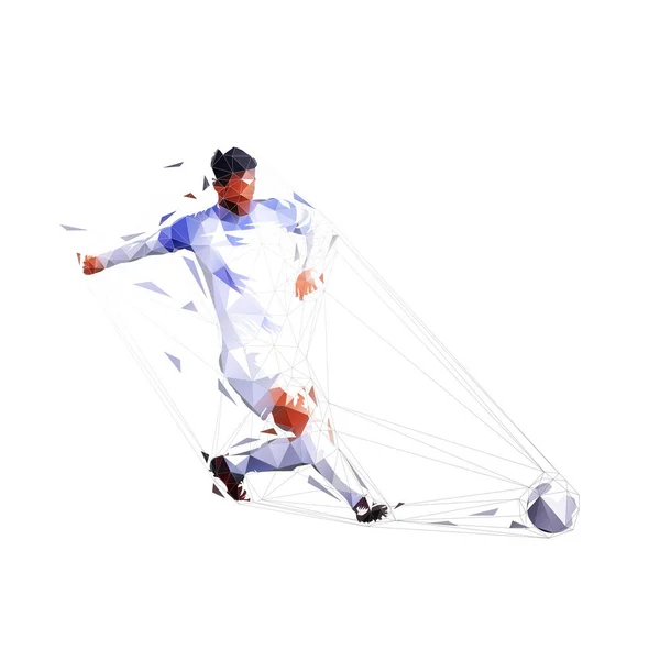 Jugador Fútbol Pateando Pelota Atacante Dispara Ilustración Aislada Vectores Poligonales — Vector de stock