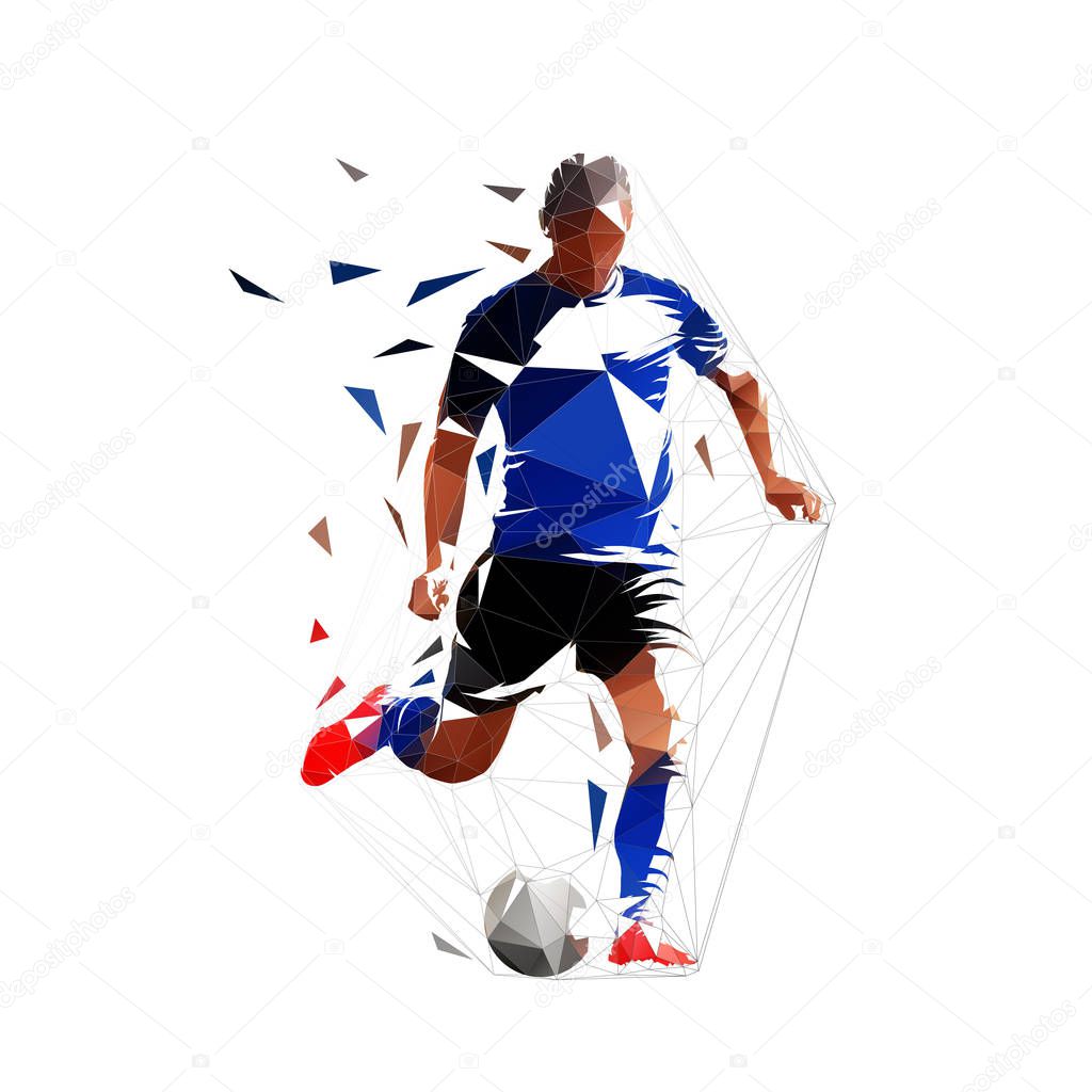 Soccer player kicking ball, attacker shoots. Isolated low polygonal vector illustration