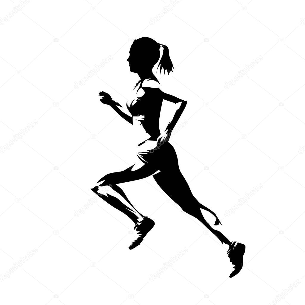 Running woman, abstract isolated vector silhouette. Ink drawing, side view
