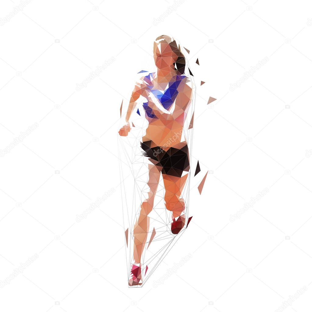 Running woman, low poly isolated vector illustration. Geometric runner, front view