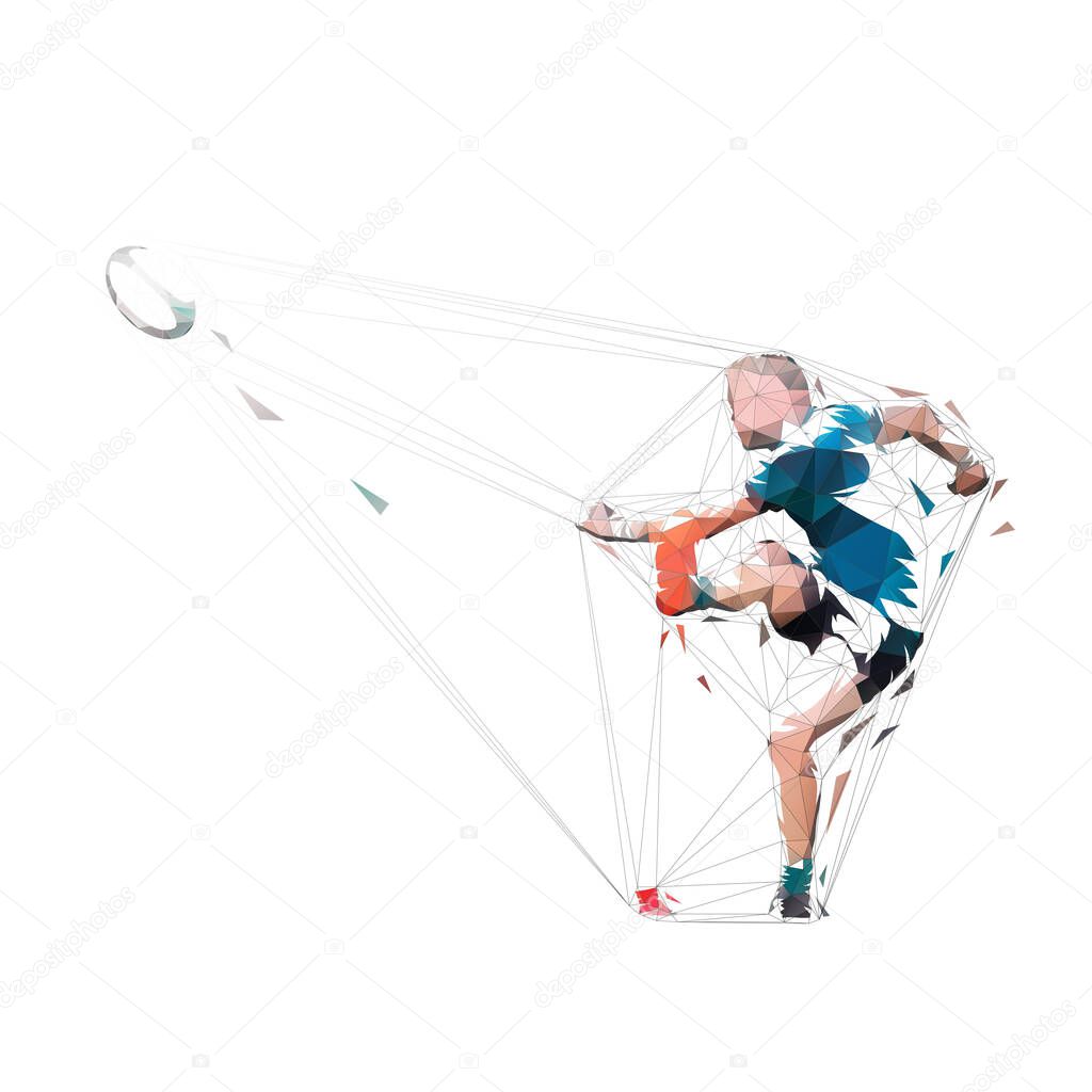 Rugby player kicking ball, isolated low polygonal vector illustration