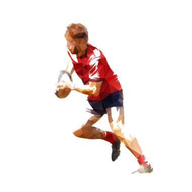 Rugby oyuncusu top ile çalışıyor, düşük poli izole vektör çizimi