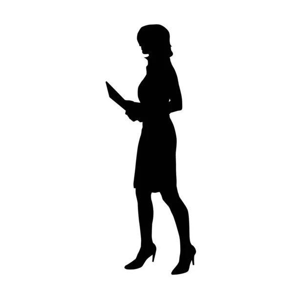 Business Woman Walking Holding Documents Isolated Vector Silhouette Side View — Stock Vector