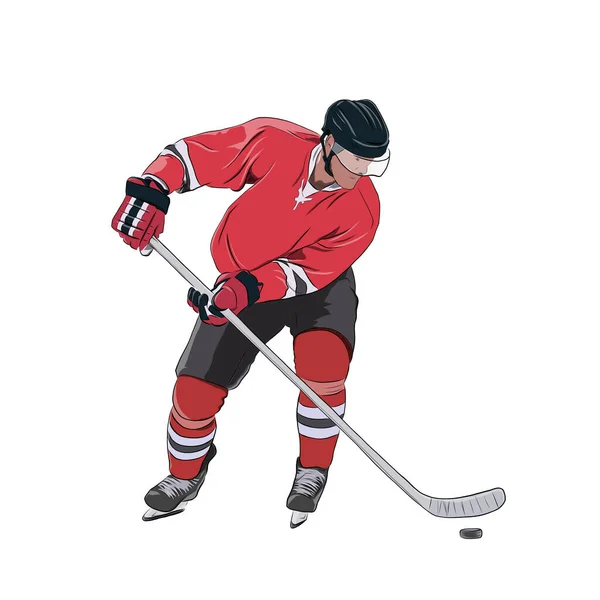 Ice hockey player skating with puck, isolated vector illustration. Red jersey