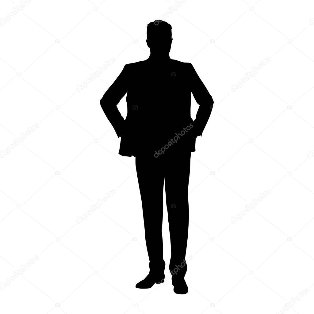 Businessman standing with hand on hips, front view isolated vector silhouette
