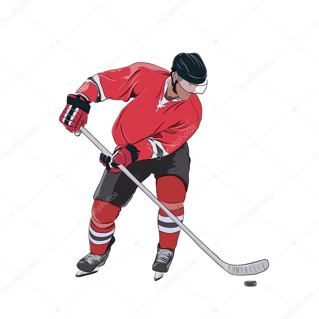 Ice hockey player skating with puck, isolated vector illustration. Red jersey