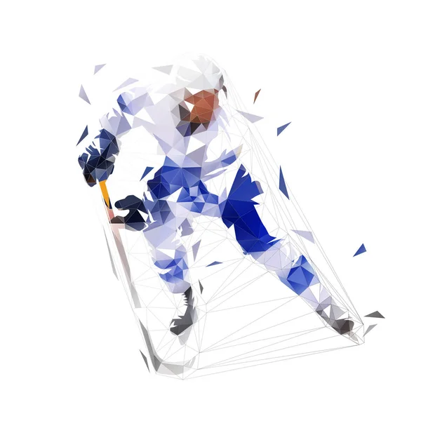 Lední Hokejista Modrém Dresu Bruslení Izolované Nízké Polygonální Vektorové Ilustrace — Stockový vektor