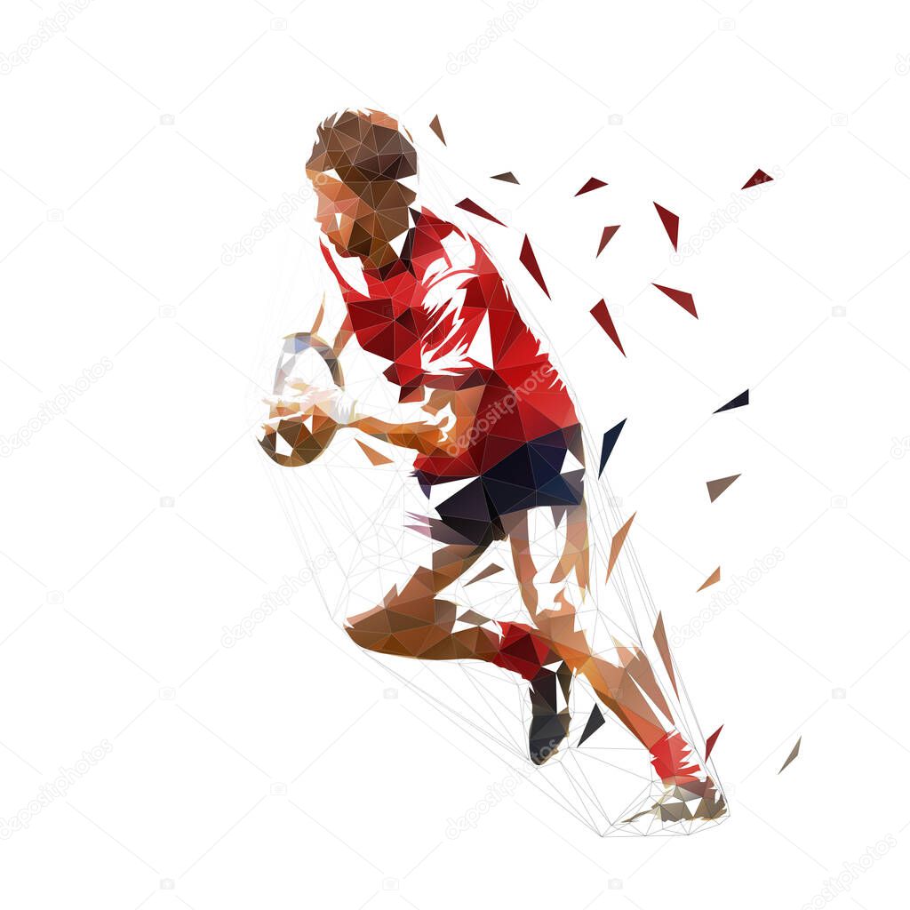 Rugby player running with ball, low poly isolated vector illustration