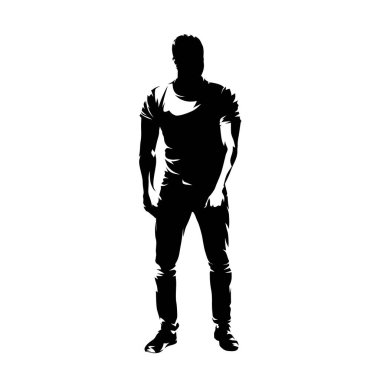 Tişörtlü ve kot pantolonlu genç adam yürüyor. Soyut izole vektör silueti. Mürekkep çizimi. Ön görünüm