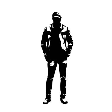 Şapkalı, elleri ceplerinde, sıradan giysileri olan bir adam. İzole vektör silueti. Ön manzara. Genç yetişkin kişi.