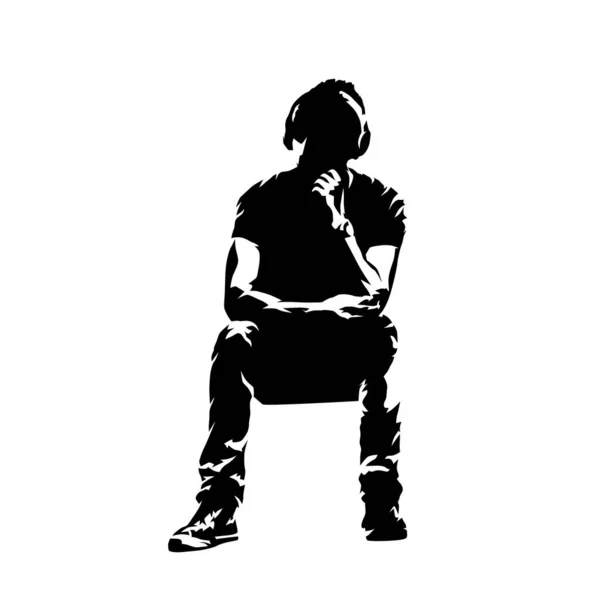 Homme Assis Écoutant Musique Travers Des Écouteurs Silhouette Vectorielle Abstraite — Image vectorielle