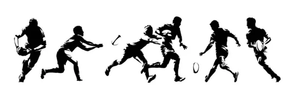 Регбисты Группа Изолированных Векторных Силуэтов Чернильные Рисунки Командные Спортсмены — стоковый вектор