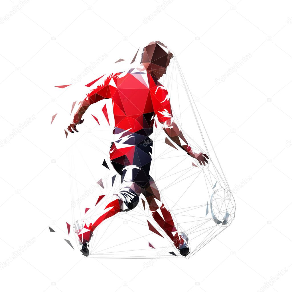 Rugby player kicking ball, rear view. Low polygonal vector illustration. Geometric drawing