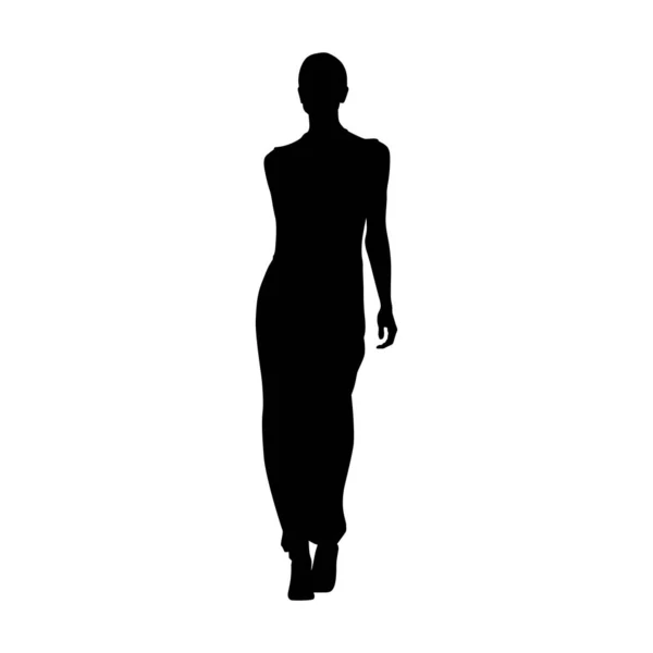Mujer Sexy Caminando Vista Frontal Silueta Vectorial Aislada Pasarela Modelo — Vector de stock