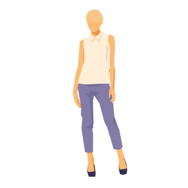 İş kadını bluz ve pantolon içinde duruyor, düz dizayn geometrik çizim. Ön görünüm
