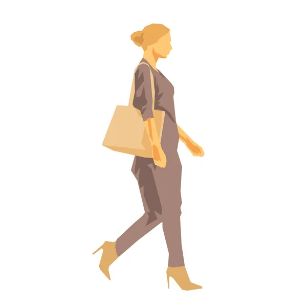 Mujer Caminando Con Bolso Vista Lateral Plano Diseño Geométrico Vector — Vector de stock