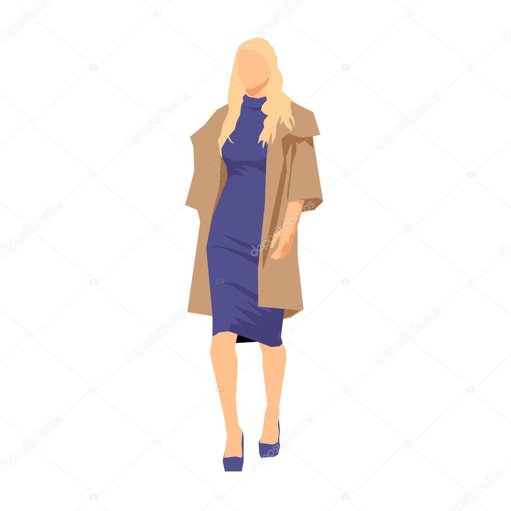 Slim blonde woman walking forward, flat design geometric isolated vector illustration. Front view