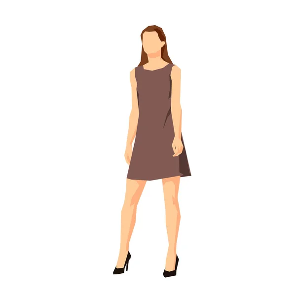 Woman Standing Short Brown Summer Dress Flat Design Geometric Vector — Stock Vector