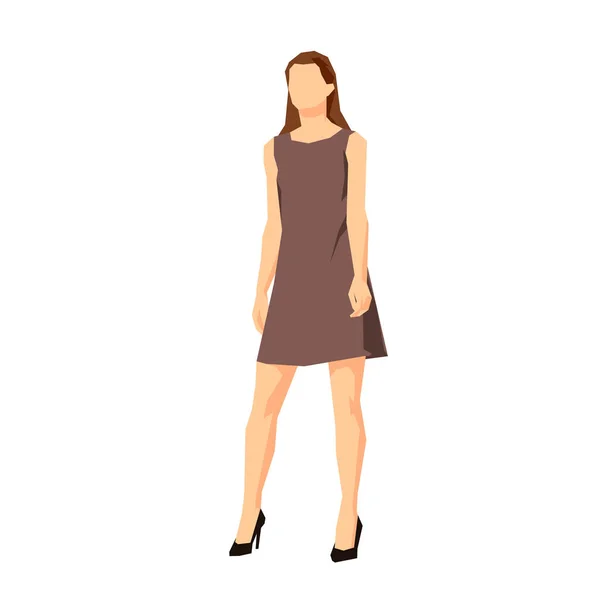 Femme Debout Robe Été Brune Courte Dessin Plat Illustration Vectorielle — Image vectorielle