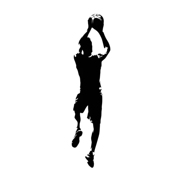 Jugador Baloncesto Disparando Pelota Salto Tiro Silueta Vectorial Aislada Dibujo — Vector de stock
