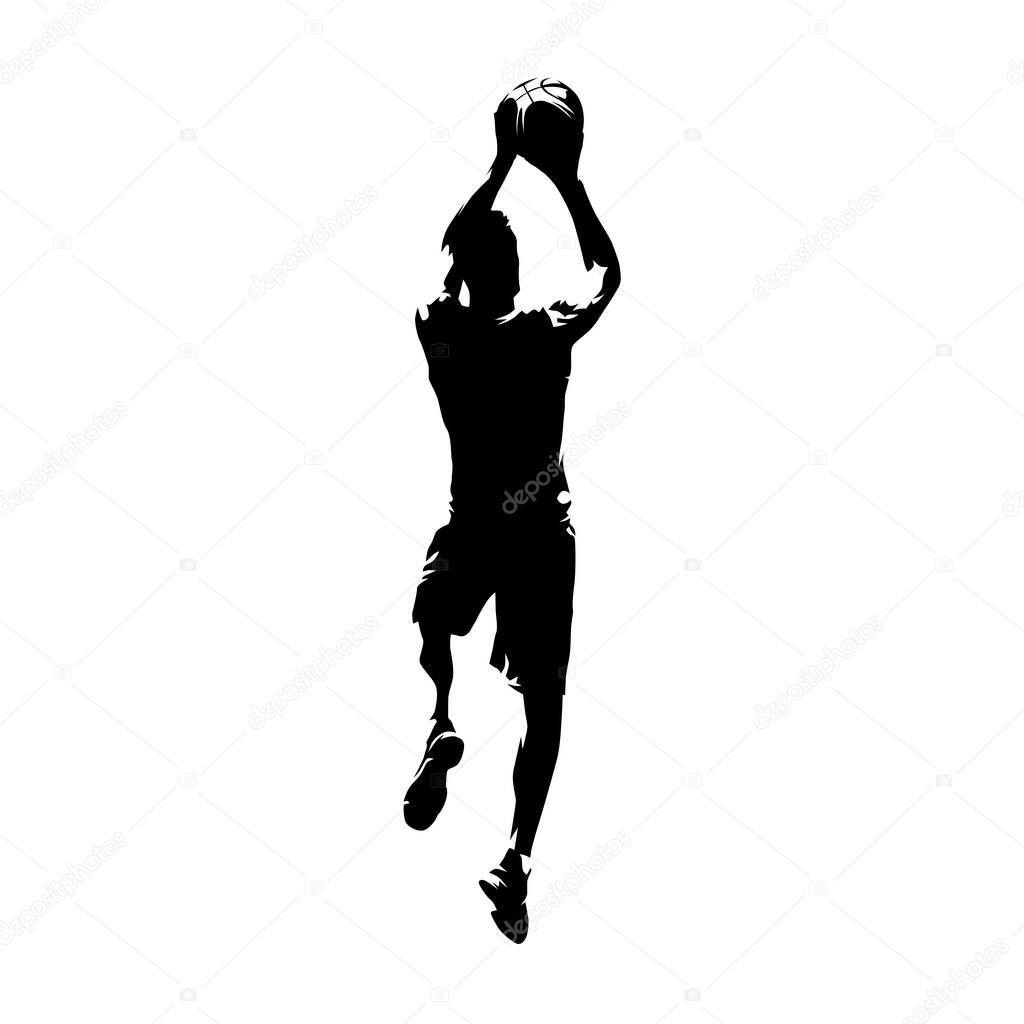 Basketball player shooting ball, jump shot, isolated vector silhouette. Ink drawing