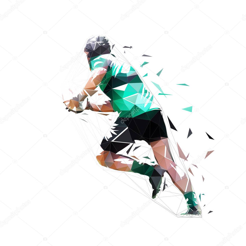 Rugby player running with ball, low poly isolated vector illustration, geometric drawing