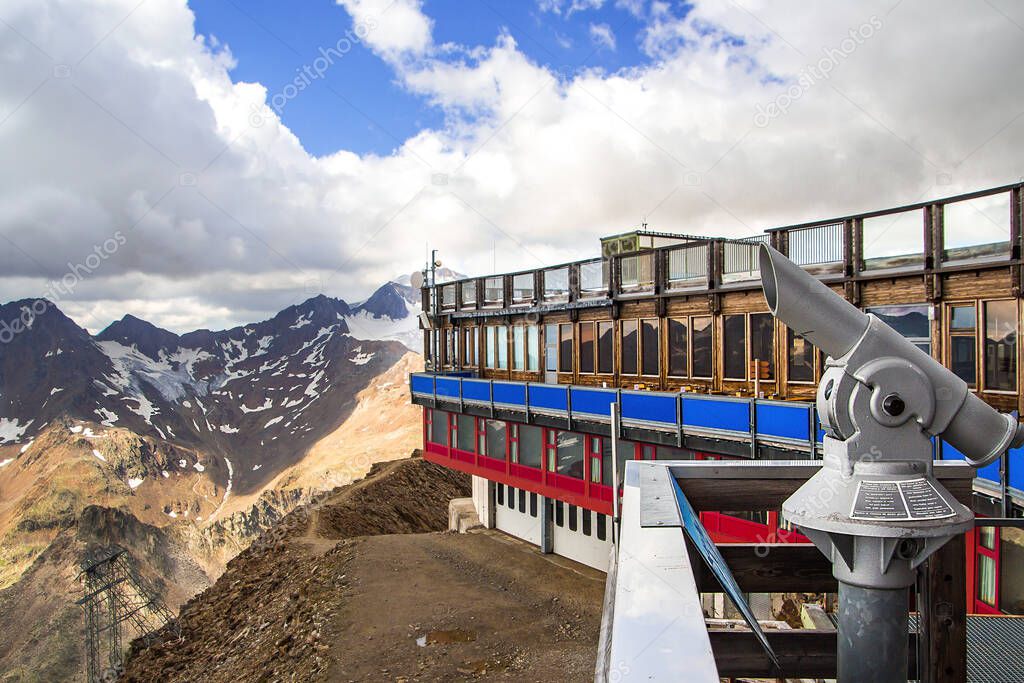 view on summit station of ropeway schnalstaler gletscherbahn and mount weisskugel in the Oetztal alps, Schnalstal, Suedtirol / Italy