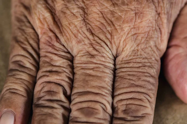 Close-up shot of the wrinkled senior skin people hand. Textures of old skin hand.