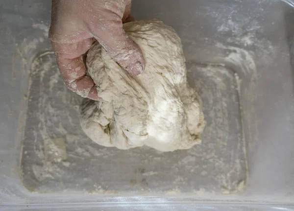 Fırıncının elleri plastik bir kapta hamur yoğuruyor. Ekolojik olarak doğal hamur işleri hazırlar.