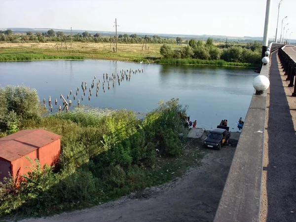 A wide river on a late Sunny summer morning. The piles of the old bridge are visible in the water. The surface of the river along the banks is overgrown with aquatic vegetation. In the distance, you can see water meadows and forest.