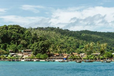 Ko Phi Phi Adası manzarası. Altında plaj olan yüksek bir tepe. Tayland doğasının manzara manzarası..