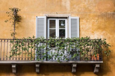 İtalyan köyünde çiçekli bir pencere.