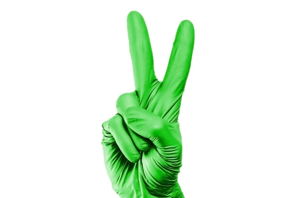 Hand Grünem Handschuh Mit Siegeszeichen Isoliert Auf Weißem Hintergrund — Stockfoto