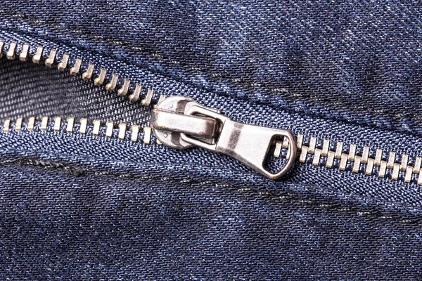 Metall Jeans Reißverschluss Blue Denim Textur Mode Stoff Hintergrund Reißverschluss — Stockfoto