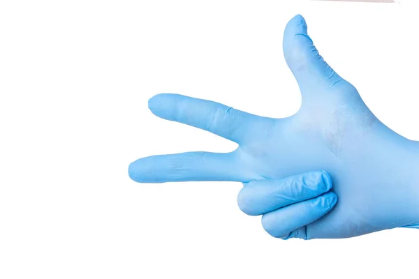Mužská Ruka Modré Latexové Rukavici Ukazující Tři Prsty Bílém Pozadí — Stock fotografie