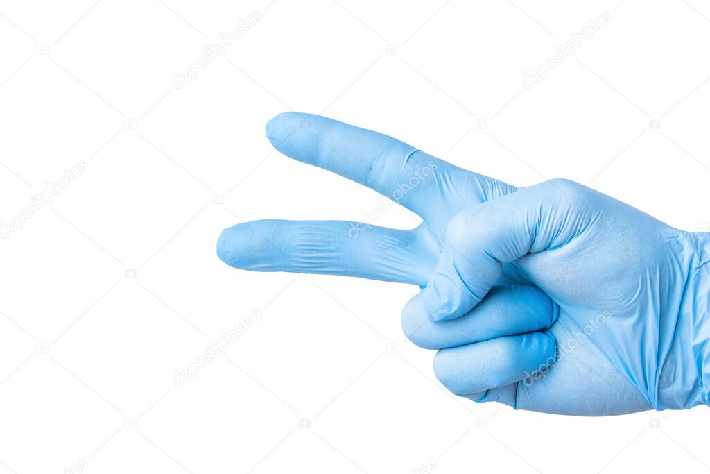 Man's hand in a blue latex glove showing two fingers on white background.