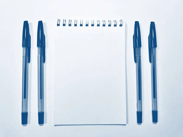 Carta per notebook aperta con penna. PANTONE Blu, Classico Blu, Fantasma Blu — Foto Stock