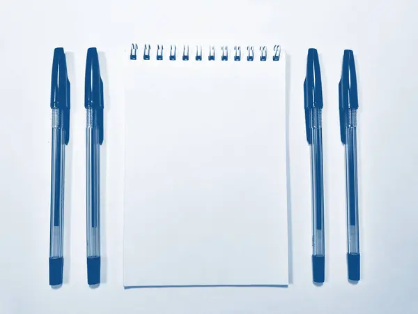 Otworzył notatnik długopisem. Pantone Blue, Classic Blue, Phantom Blue — Zdjęcie stockowe