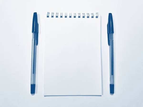 Carta per notebook aperta con penna. PANTONE Blu, Classico Blu, Fantasma Blu — Foto Stock