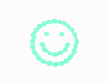 Kahve çekirdeklerinden neşeli bir gülümseme, beyaz arka planda izole edilmiş. Aqua Menthe