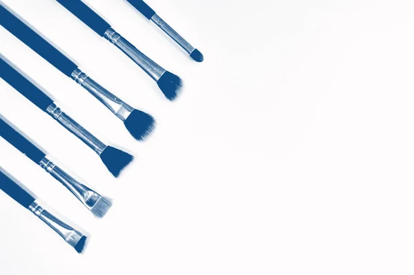 Brushes for makeup lying on white background. PANTONE Blue, Classic Blue — 스톡 사진