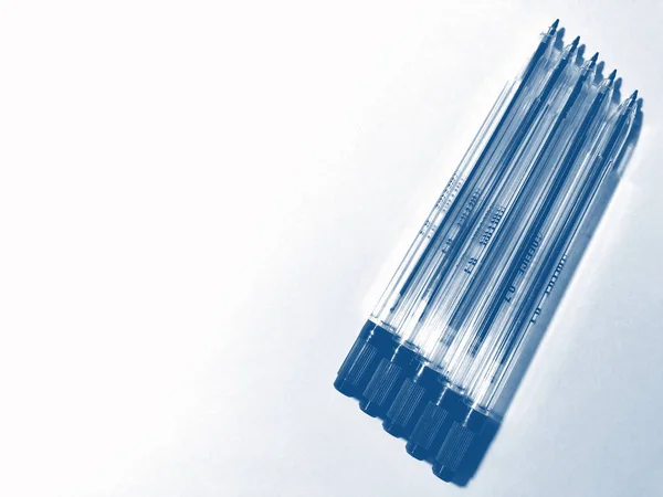 Ballpoint pen on white background. PANTONE Blue, Classic Blue, Phantom Blue — 스톡 사진