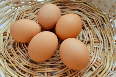 Kahverengi yumurtalı hasır sepet. Üst Manzara. Beyazda izole edilmiş. Kırpma yolu dahil.