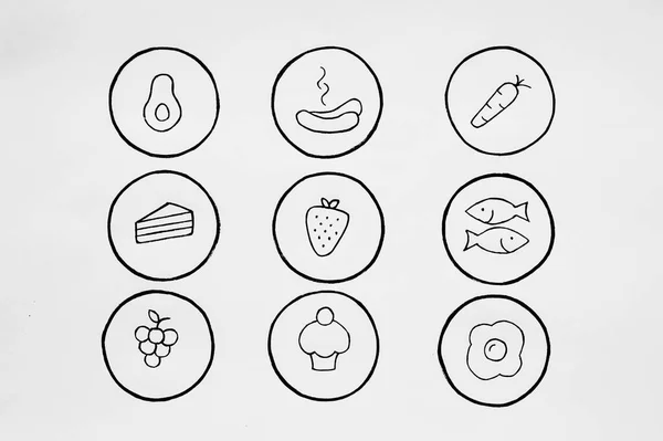 Кухонний Харчовий Значок Контурний Стиль Чорна Іконка Їжі Встановлена Білому — стокове фото